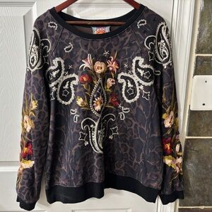 Johnny Was Leopard Print Embroidered Sweatshirt